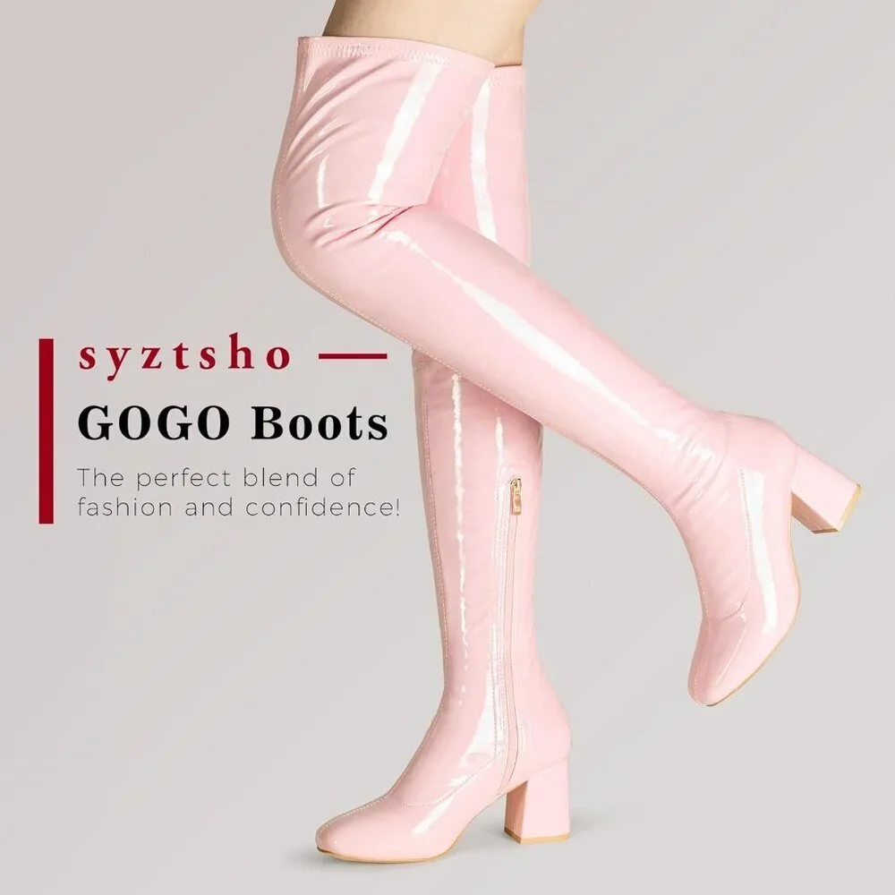 Women Pink Patent Leather PU Chunky Heel Over The Knee Square Toe Long Boot